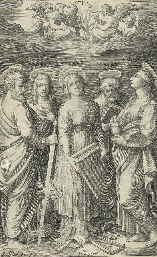 Snake Drawing - Saints Paul, John, Cecilia, Peter And Mary Magdalene by Nicolaes De Bruyn And Marcantonio Raimondi