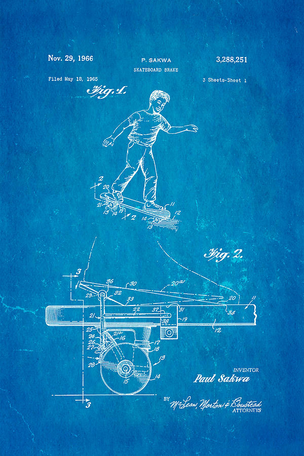 Toy Photograph - Sakwa Skateboard Brake Patent Art 1966 Blueprint by Ian Monk