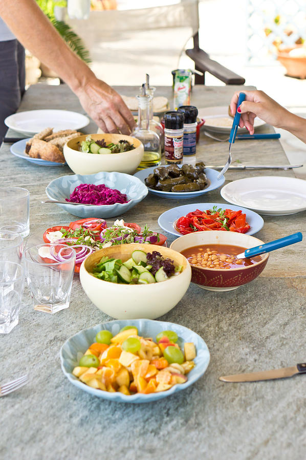 Greek Photograph - Salad dishes by Tom Gowanlock