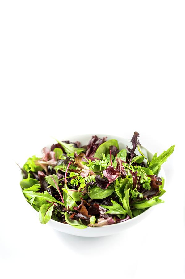 Vegetable Photograph - Salad Leaves In White Bowl by Aberration Films Ltd