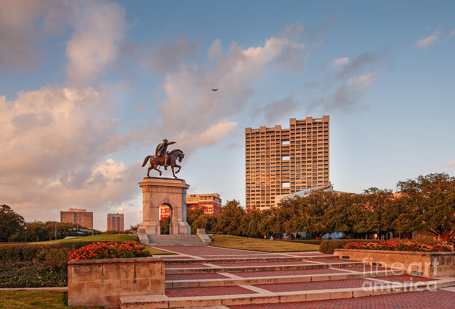 Sam Houston Statue bathed in Golden Hour Light - Hermann Park - Houston Texas Photograph by Silvio Ligutti