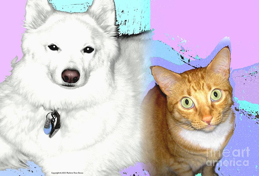 Samoyed and Tabby Pet Portrait Digital Art by Mars Besso