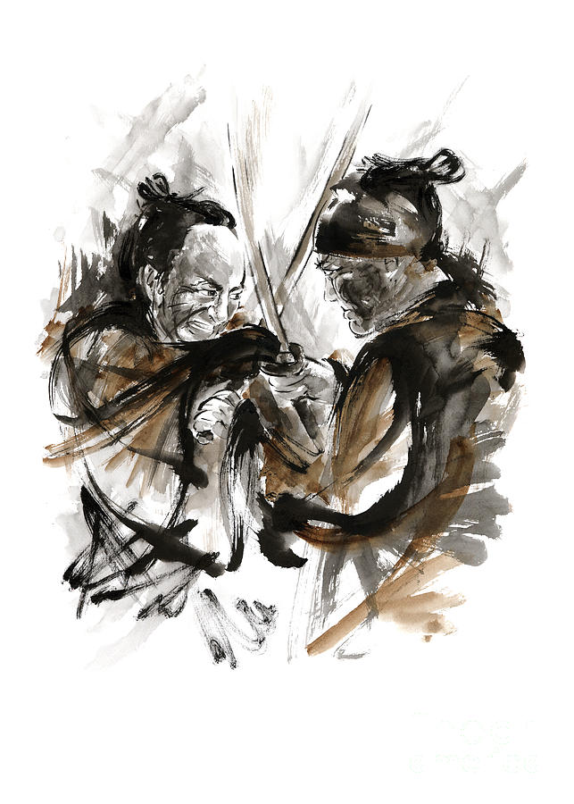 Samurai Watercolor Painting - Samurai fight. by Mariusz Szmerdt