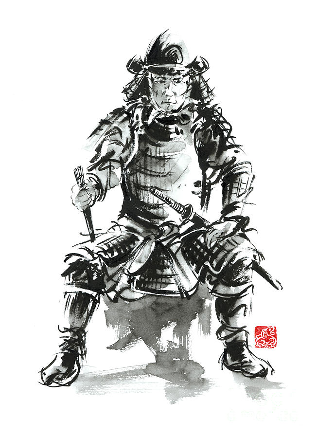 Samurai Shogun Painting, Samurai Warrior Ink Painting, Samurai with Sword Poster Painting by Mariusz Szmerdt