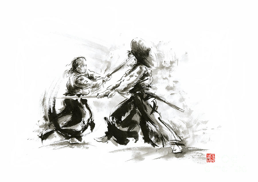 Black And White Painting - Samurai sword bushido katana martial arts budo sumi-e original ink sword painting artwork by Mariusz Szmerdt