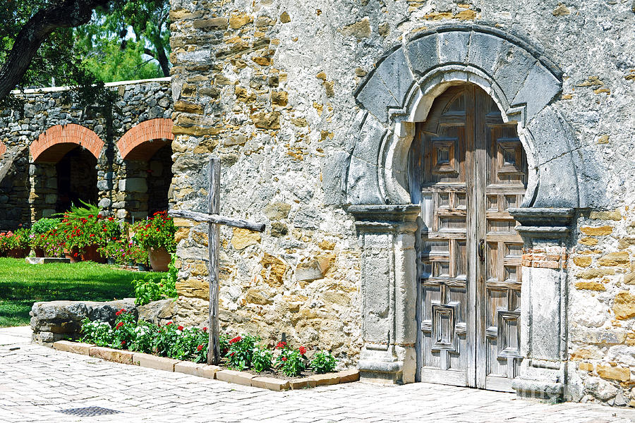 City Photograph - San Antonio Missions National Historical Park Mission Espada Entrance Door and Cross by Shawn OBrien
