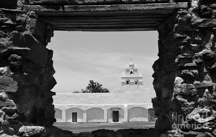 San Antonio Missions National Historical Park Mission San Juan Exterior Profile through Window BW Photograph by Shawn OBrien