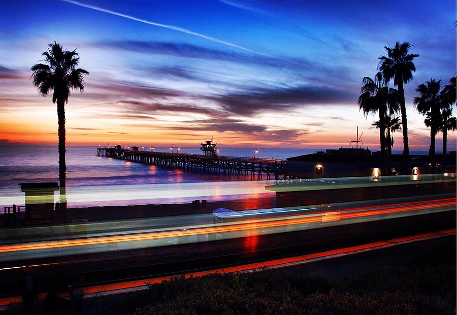 Sunset Photograph - San Clemente Pier and Passing Train by Hal Bowles