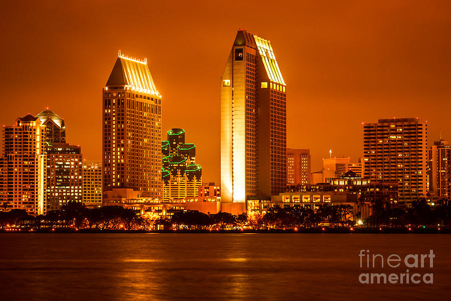 San Diego Photograph - San Diego Skyline at Night along San Diego Bay by Paul Velgos