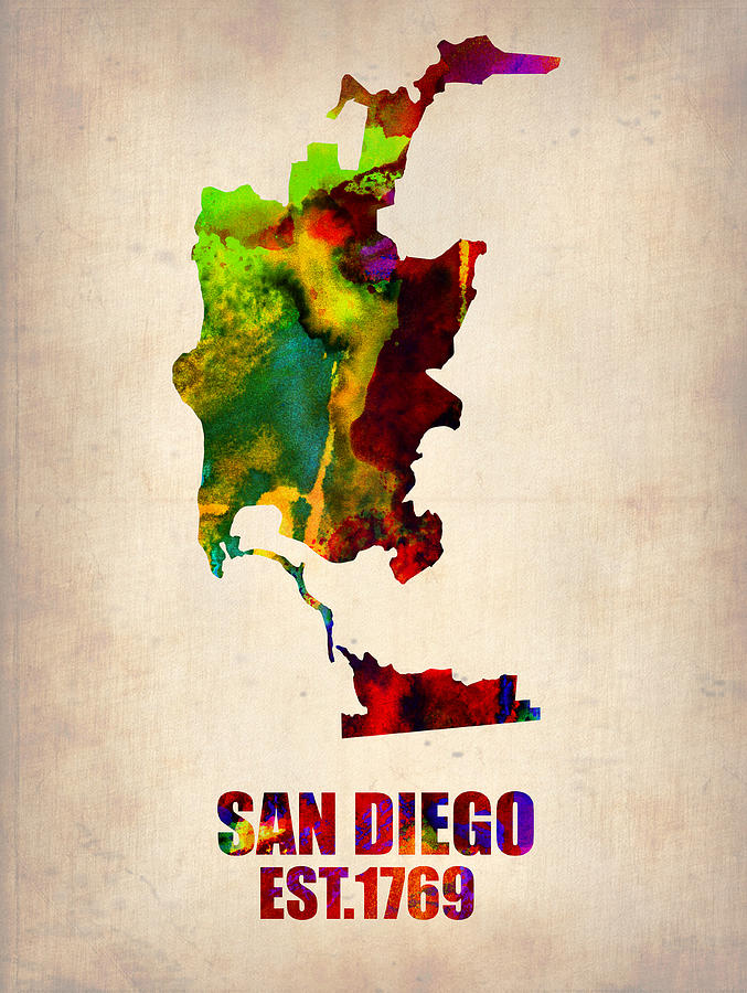 San Diego Painting - San Diego Watercolor Map by Naxart Studio