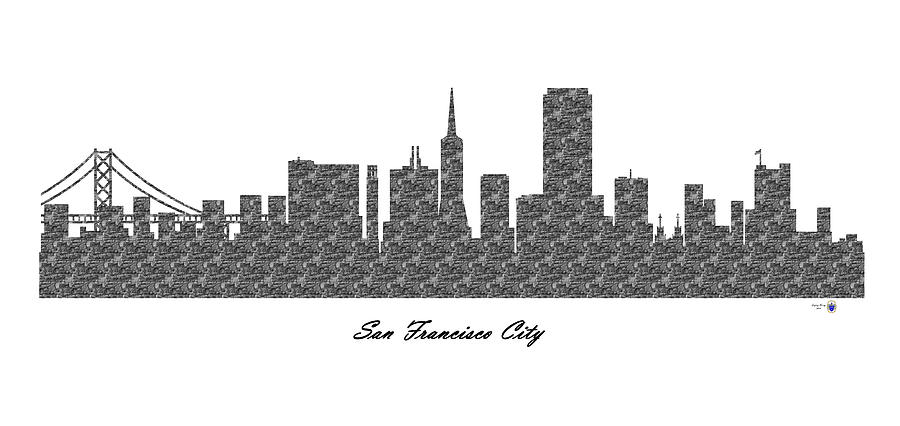 San Francisco City 3D BW Stone Wall Skyline Digital Art by Gregory Murray