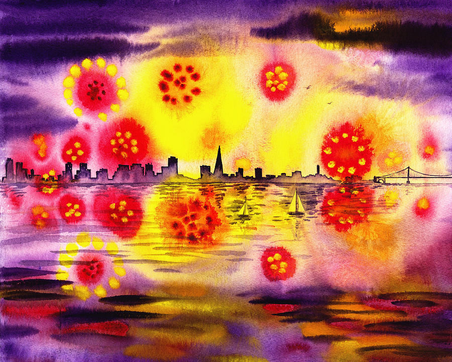 San Francisco Fireworks Flowers Painting by Irina Sztukowski