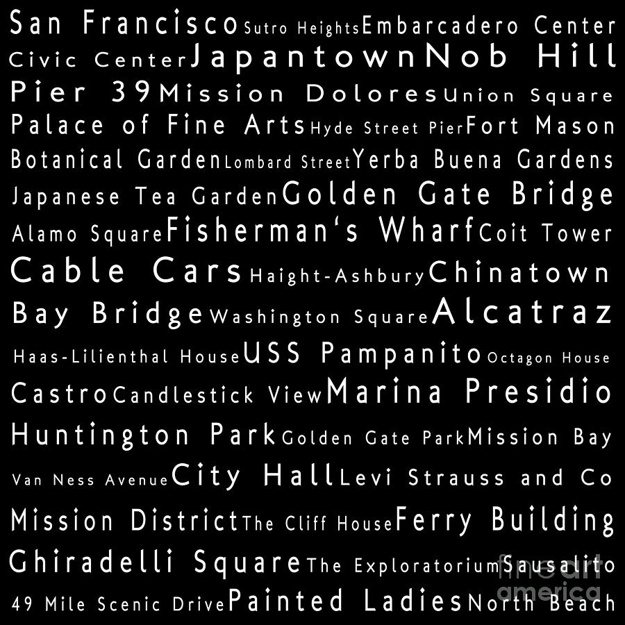 San Francisco in Words Black Digital Art by Sabine Jacobs