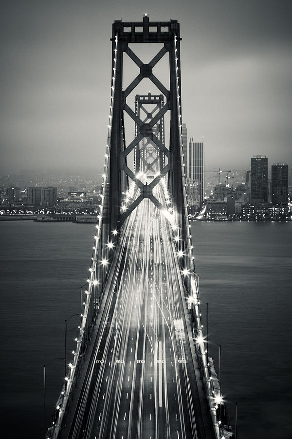 San Francisco - Oakland Bay Bridge BW Photograph by Adam Romanowicz