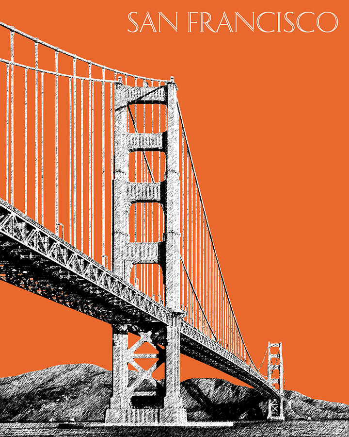 Architecture Digital Art - San Francisco Skyline Golden Gate Bridge 2 - Coral by DB Artist