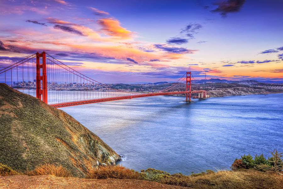 San Francisco Sunset and the Golden Gate Bridge from Marin Headlands Photograph by Jennifer Rondinelli Reilly - Fine Art Photography