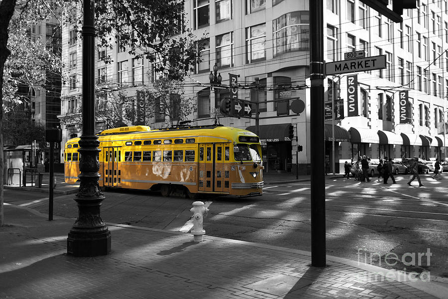 San Francisco Vintage Streetcar on Market Street - 5D19798 - Black and White and Yellow Photograph by Wingsdomain Art and Photography