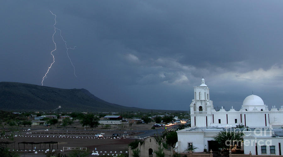 San Xavier Mission With Lightning Photograph by J L Woody Wooden
