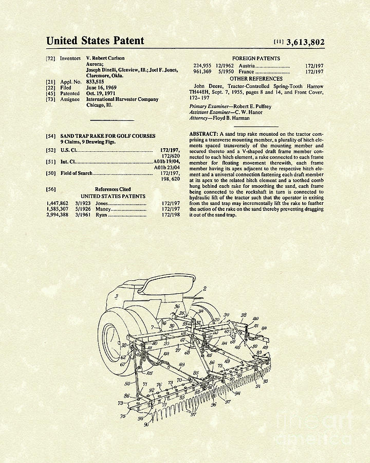 Sand Trap Rake 1971 Patent Art Drawing by Prior Art Design