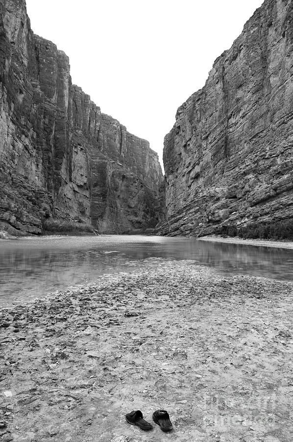 Sandals in Santa Elena Canyon Big Bend National Park Texas Black and White Photograph by Shawn OBrien