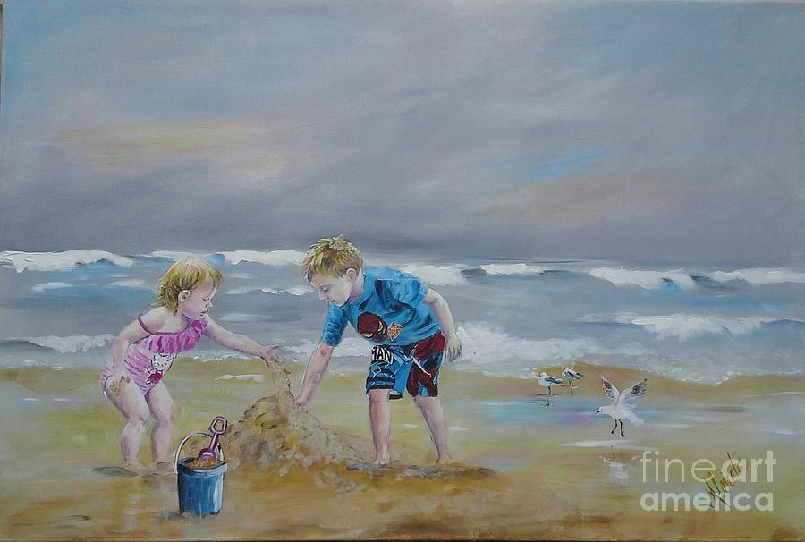 Sandcastle on the Beach Painting by Almeta Lennon
