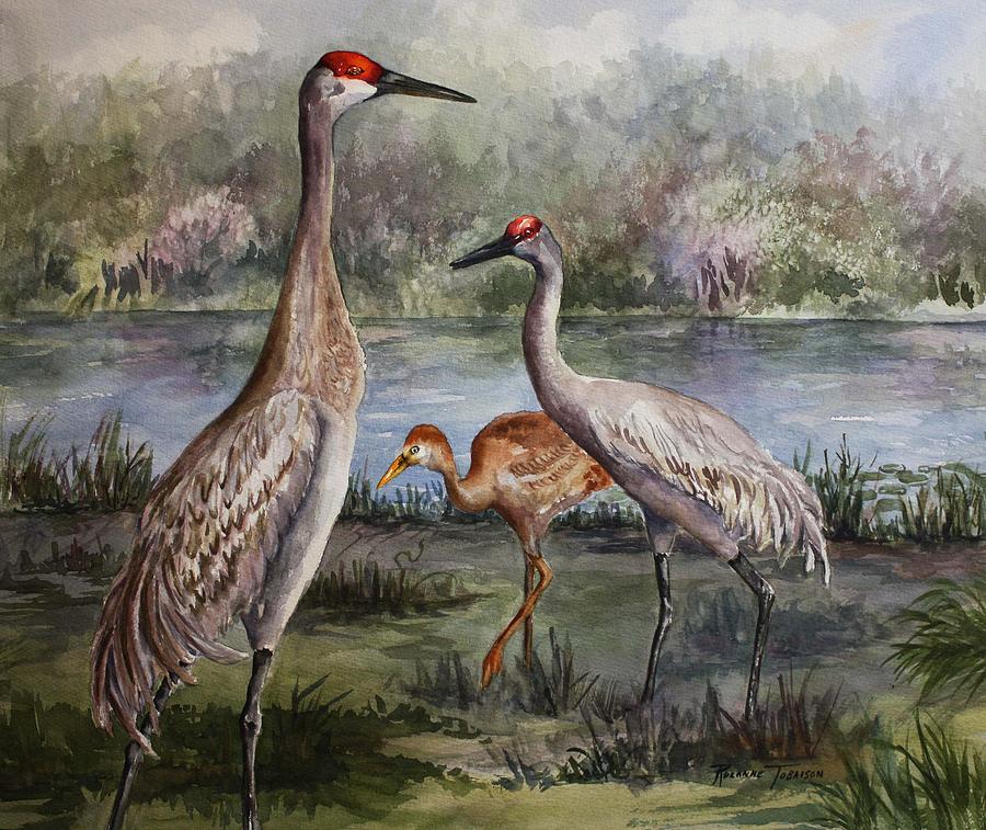 Bird Painting - Sandhill Cranes On Alert by Roxanne Tobaison