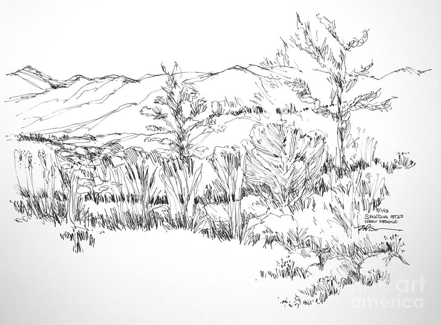 Sandia Mountains Landscape New Mexico Drawing by Robert Birkenes