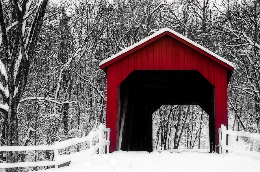 Christmas Photograph - Sandy Creek Cover Bridge with a touch of Red by Peggy Franz