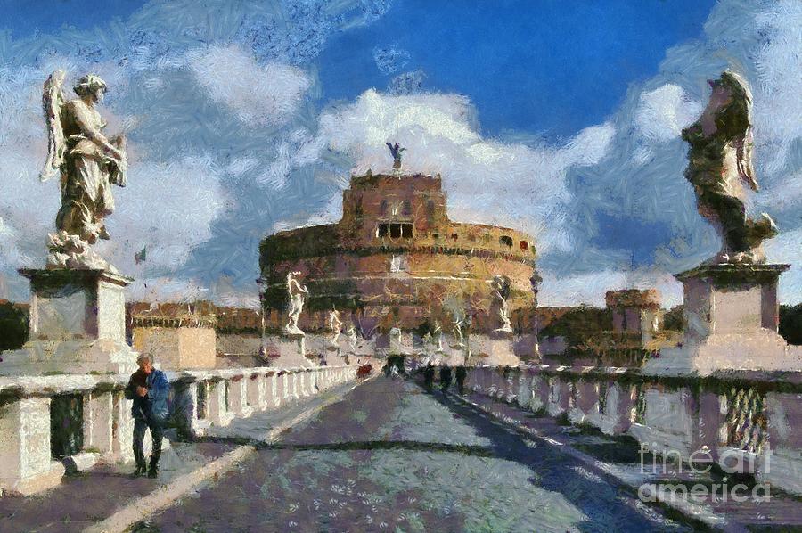 Bridge Painting - Sant Angelo castle in Rome by George Atsametakis