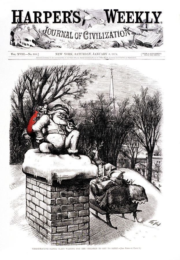 Thomas Nast Painting - Santa About To Go Down Chimney Red Bag by Vintage Images