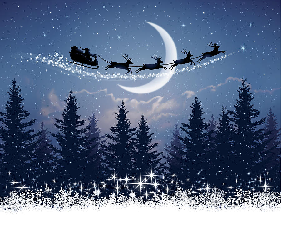Santa Claus and his sleigh on Christmas night Drawing by Paci77