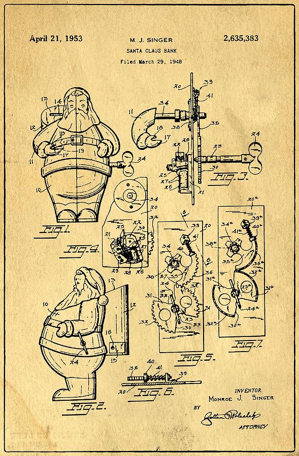 Vintage Photograph - Santa Claus Bank Support Patent Drawing From 1953 1 by Samir Hanusa