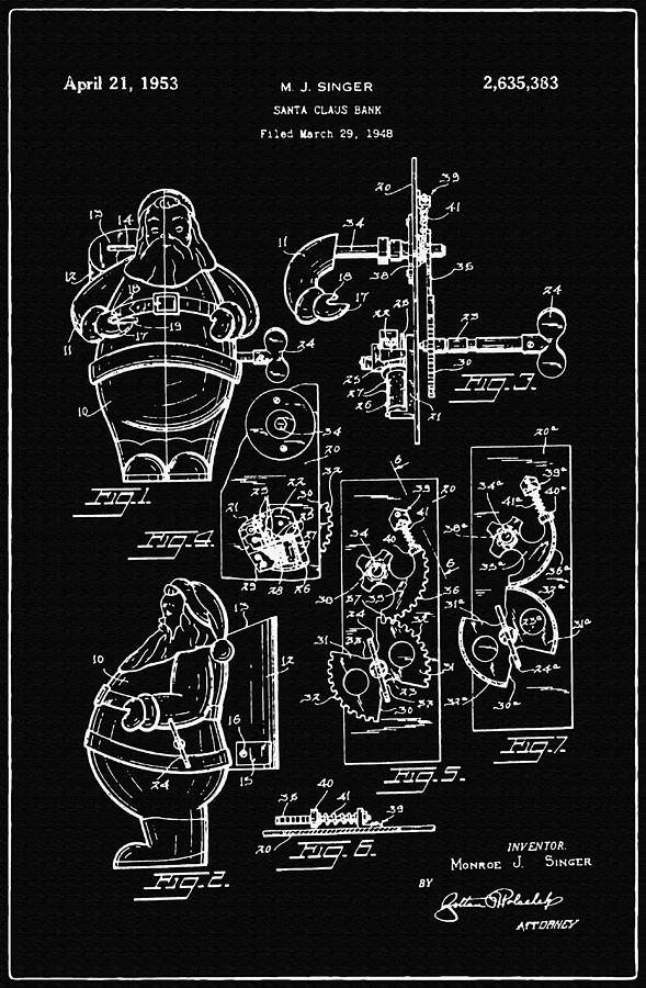 Vintage Photograph - Santa Claus Bank Support Patent Drawing From 1953 2 by Samir Hanusa