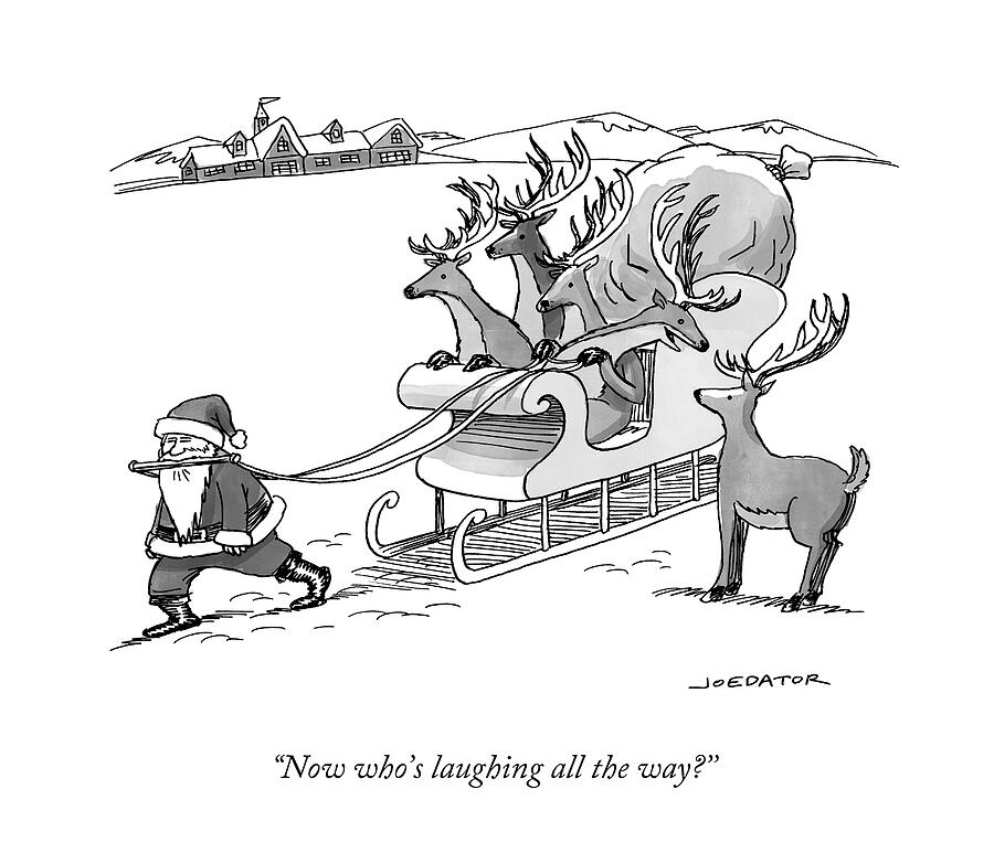 Christmas Drawing - Santa Claus Pulls A Sleigh Full Of Reindeer by Joe Dator