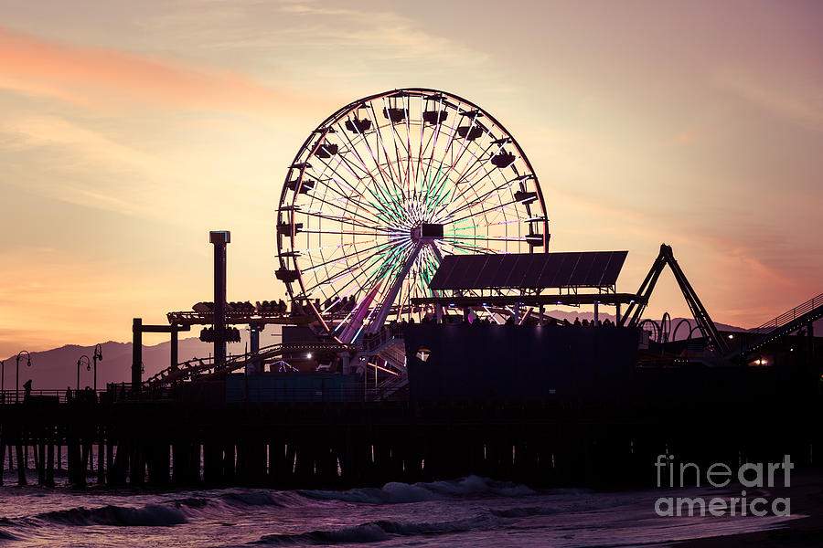 Santa Monica Pier Ferris Wheel Retro Photo Photograph by Paul Velgos