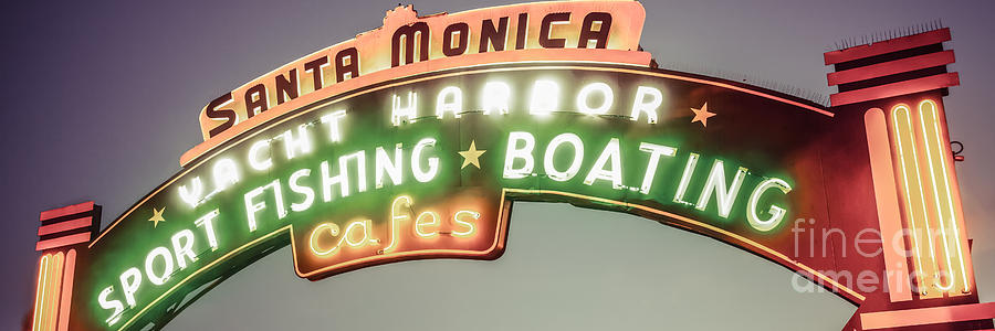 Santa Monica Photograph - Santa Monica Pier Sign Vintage Panoramic Photo by Paul Velgos