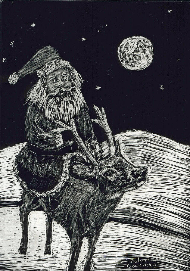 Santa on Reindeer Drawing by Robert Goudreau