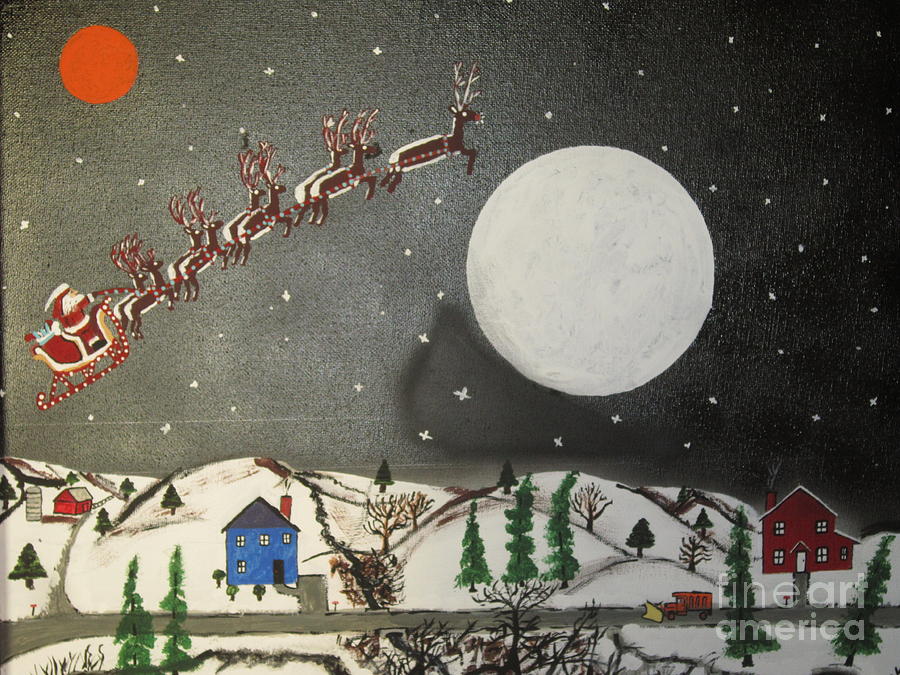 Santa over the moon Painting by Jeffrey Koss