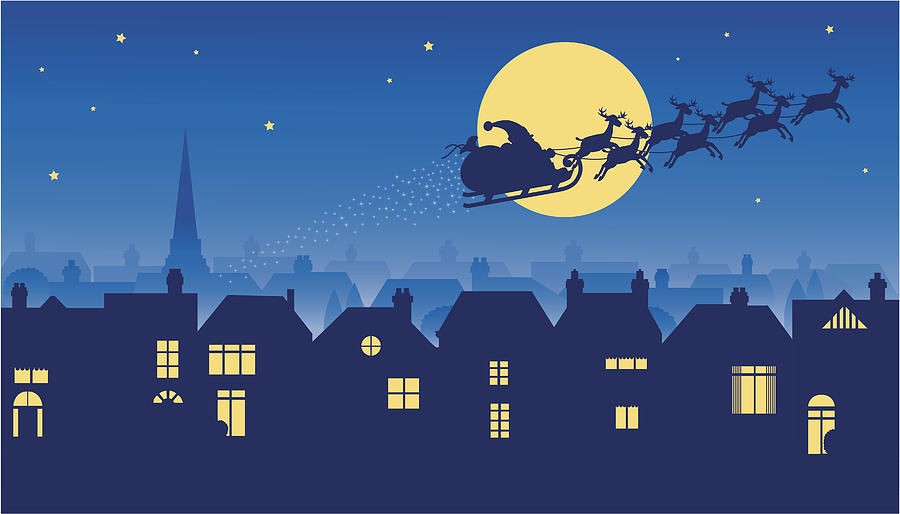 Santa riding reindeer sleigh on Christmas Eve Drawing by AnvilArtworks