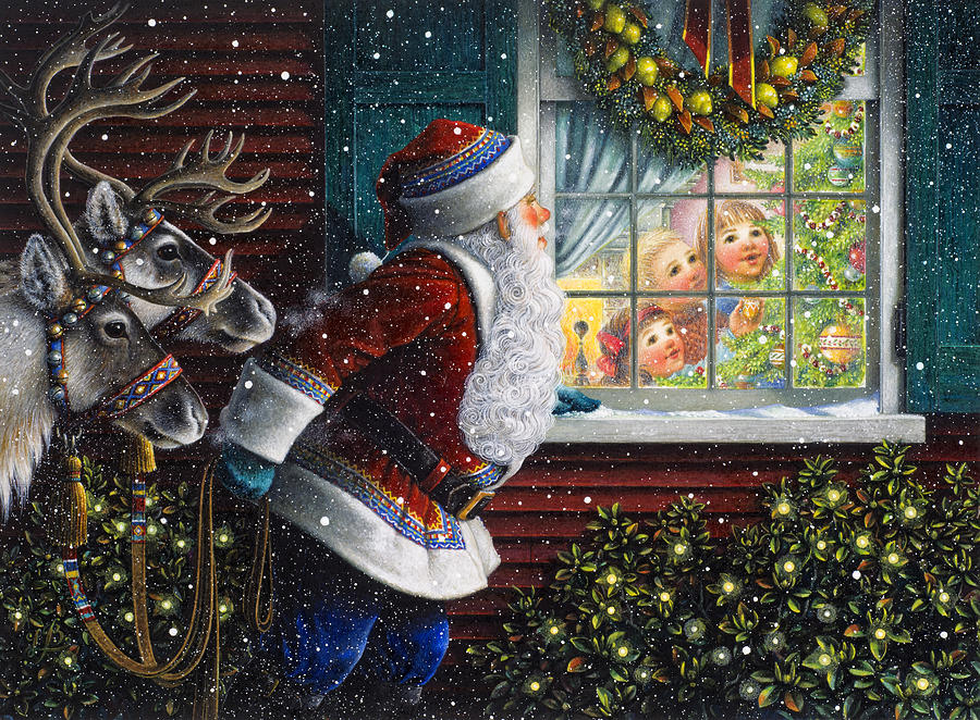 Santa Claus Painting - Santas at the Window by Lynn Bywaters