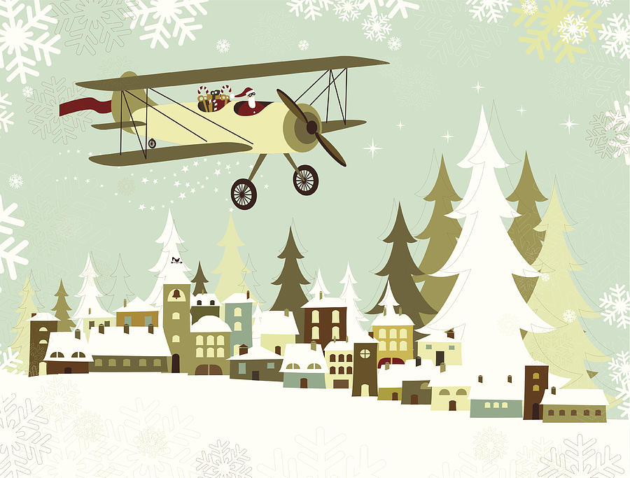 Santas plane flying over a Christmas village Drawing by Chuwy