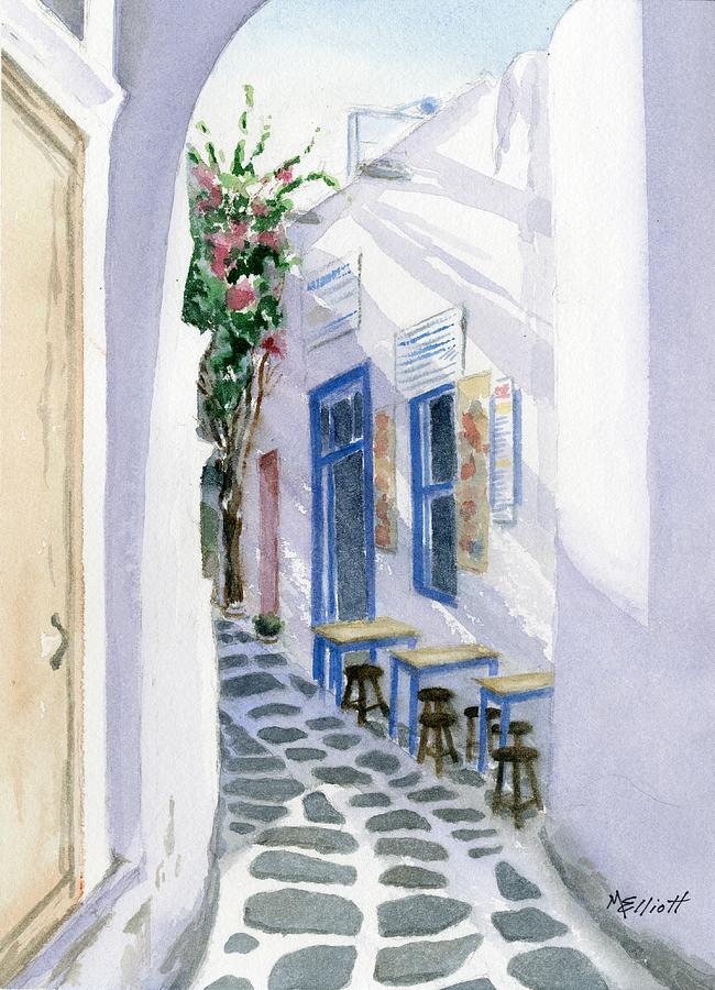 Santorini Cafe Painting by Marsha Elliott