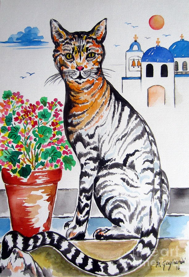 Santorini cat 1 Painting by Roberto Gagliardi