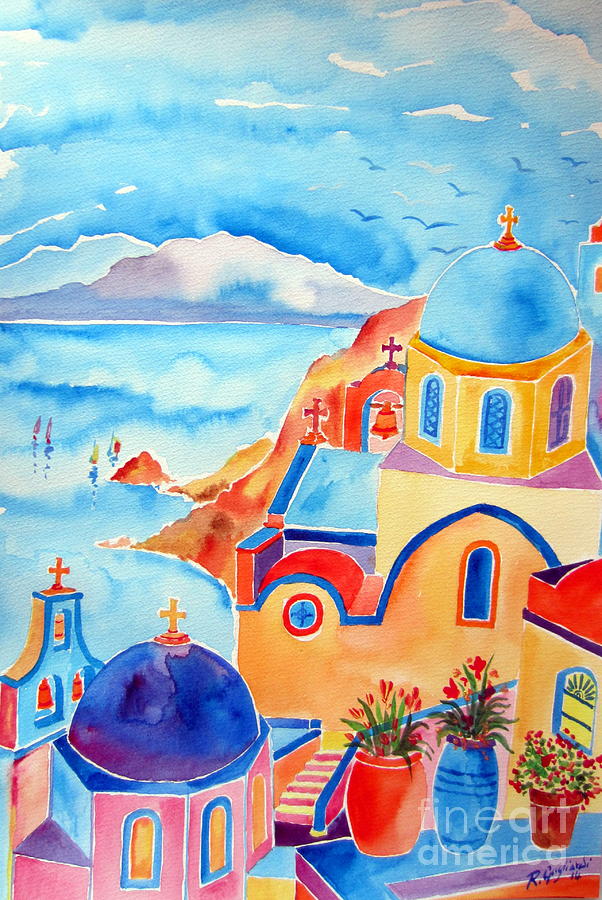 Santorini Water Color Painting by Roberto Gagliardi