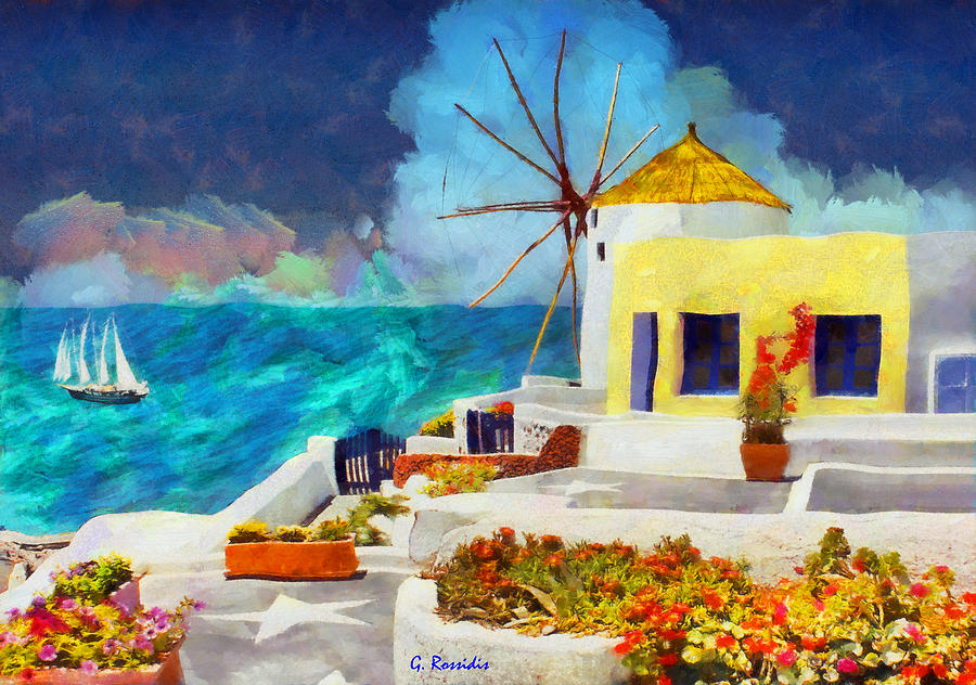 Santorini windmill Painting by George Rossidis