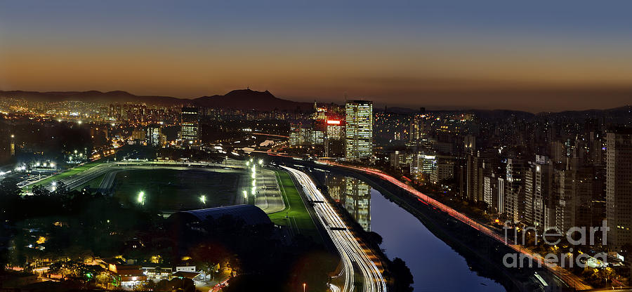 Sao Paulo Skyline at Dusk - Jockey Club - Pinheiros River towards Pico do Jaragua Photograph by Carlos Alkmin