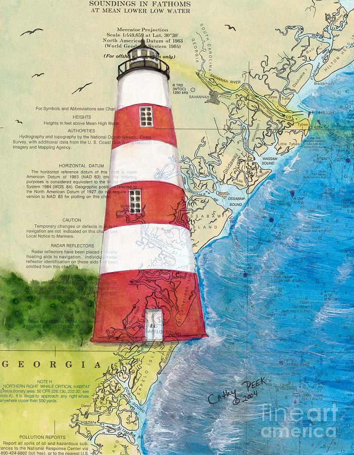 Sapelo Island Lighthouse GA Nautical Chart Map Art Cathy Peek Painting ...