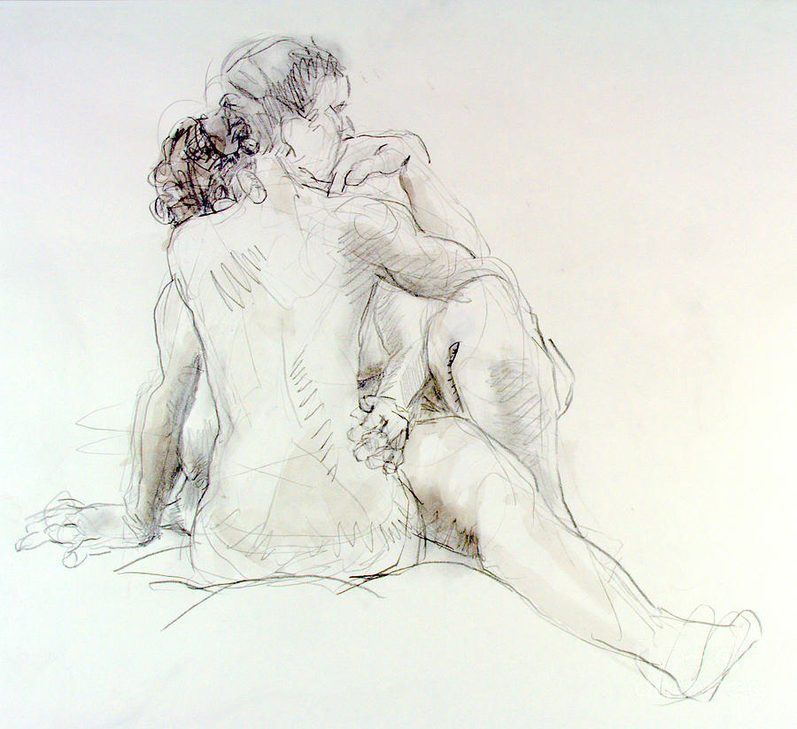 Nude Drawing - Sara and Crystal embracing by Andy Gordon