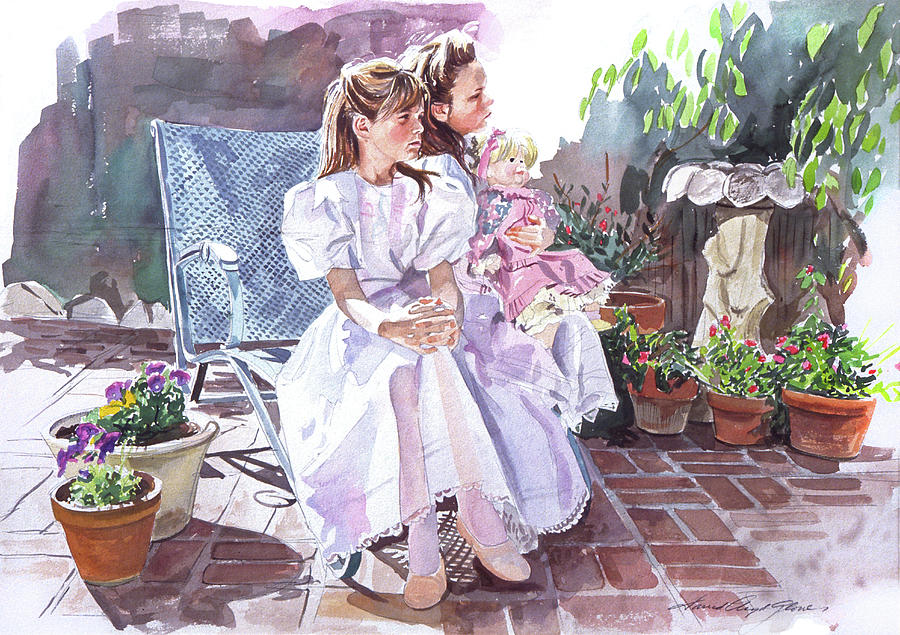 Sara and Erin Foster - Waiting for Lunch Painting by David Lloyd Glover