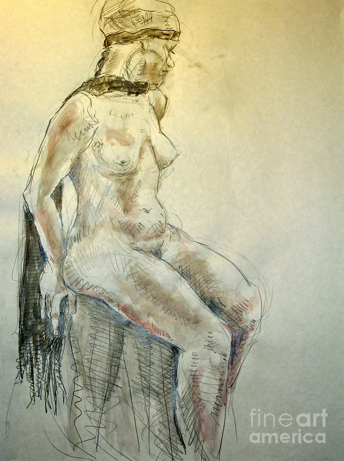 Nude Drawing - Sara with Scarf with tint by Andy Gordon
